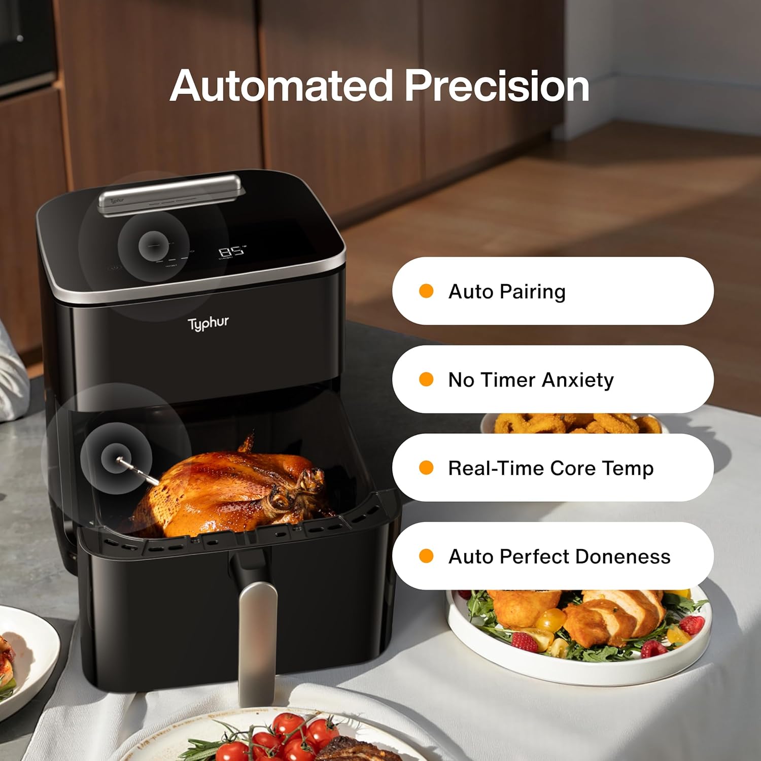 Typhur Sync 8QT AI Smart Air Fryer with Built-in Wireless Meat Thermometer, 9-in-1 XL Non Toxic Ceramic Airfryer, 450°F Max, Cooks 6lb Whole Chicken, Quiet & Dishwasher Safe, 120V