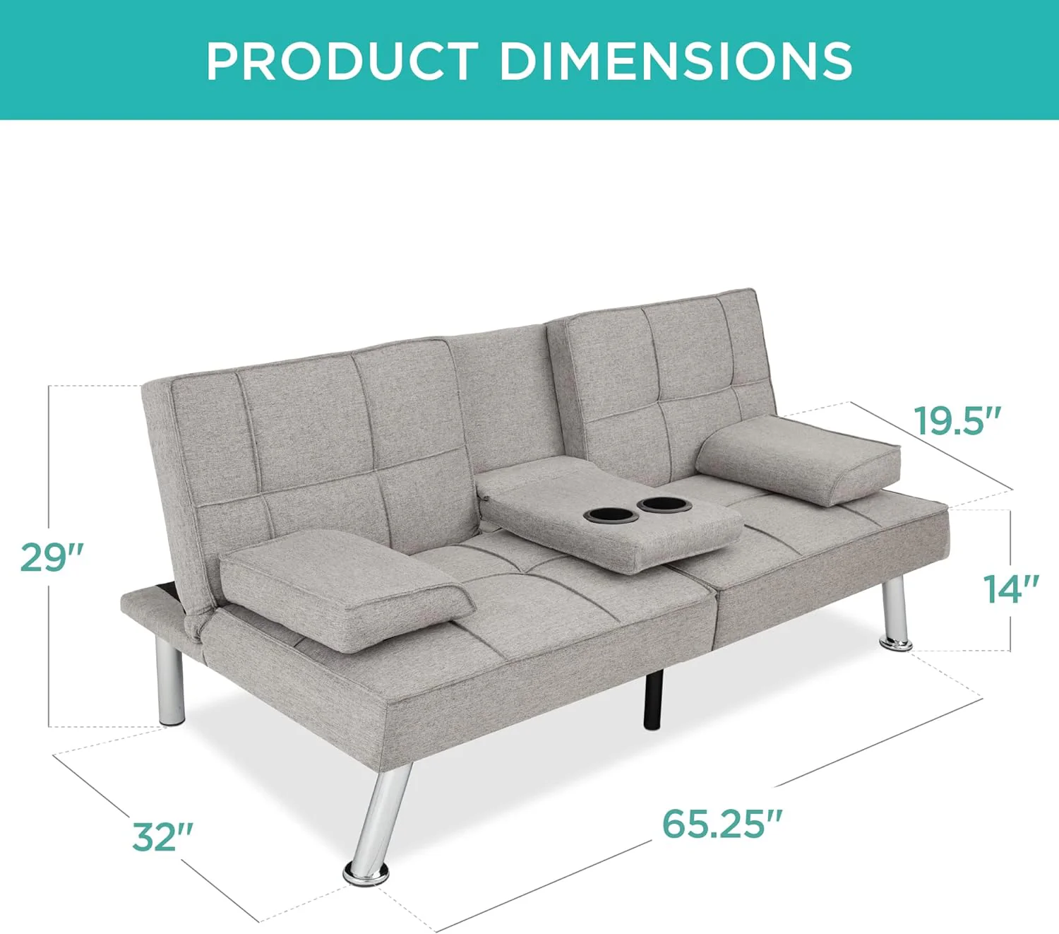 Best Choice Products Linen Upholstered Modern Convertible Folding Futon Sofa Bed for Compact Living Space, Apartment, Dorm, Bonus Room w/Removable Armrests, Metal Legs, 2 Cupholders - Gray