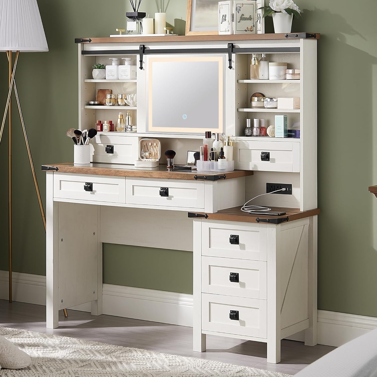 T4TREAM 48'' Farmhouse Makeup Vanity Desk with Sliding HD Mirror and Lights, Big Modern Lighted Vanity Table with 7 Drawers & Shelves, Rustic Large Dressing Table, Antique White