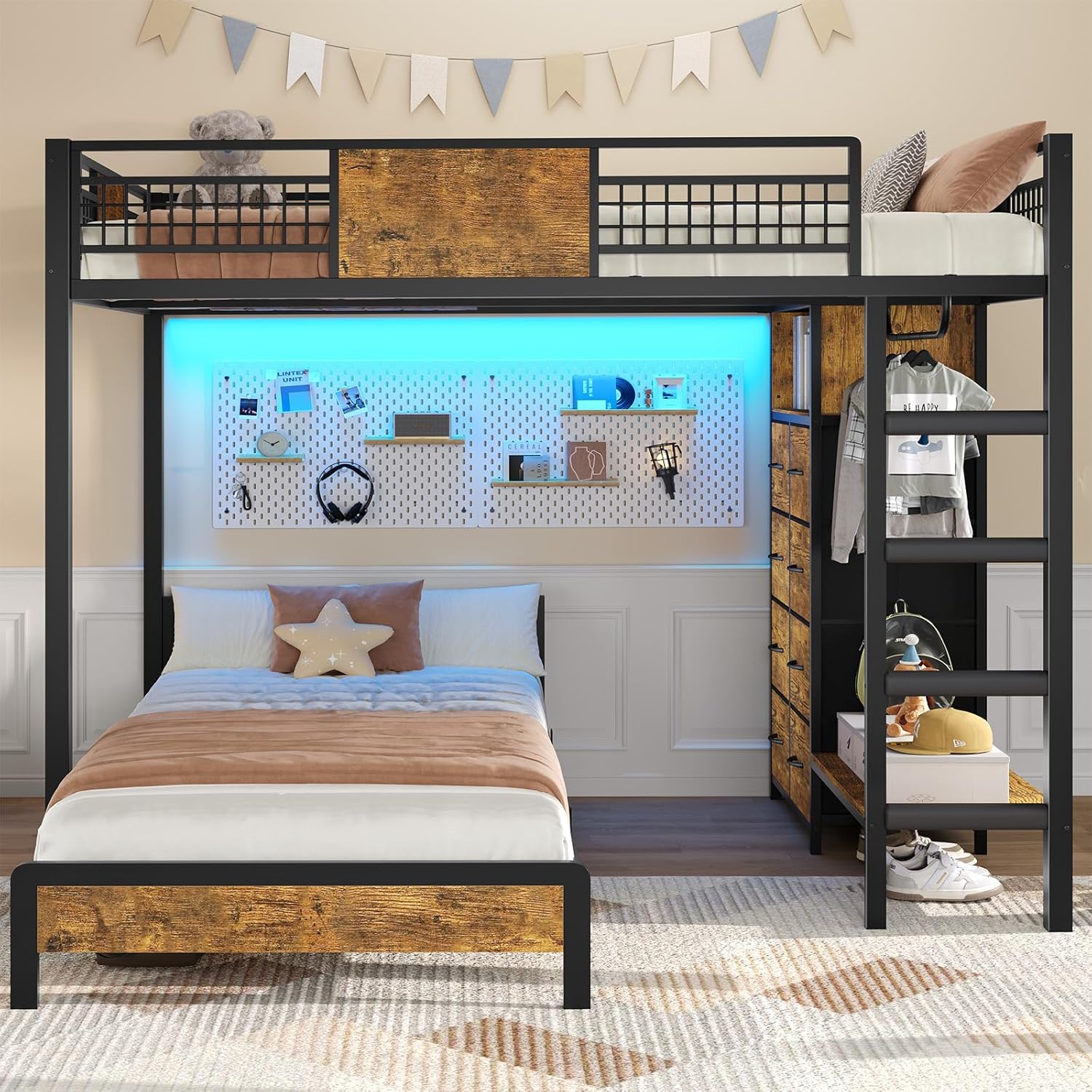 ADORNEVE Full Over Twin Bunk Bed with 8 Storage Drawers, Metal Loft Bed with Led Lights & Storage Shelves, Bunk Beds Twin over Full Size with 13.4